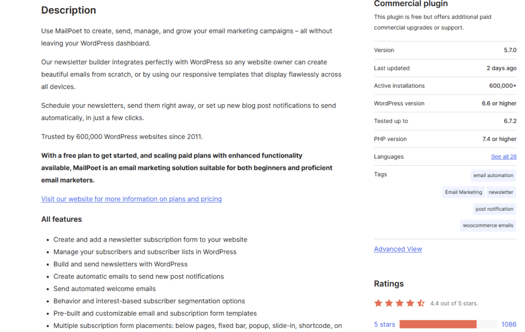 Sähköpostimarkkinointilisäosa, joka integroituu suoraan WordPressiin ja mahdollistaa automatisoidut viestit.